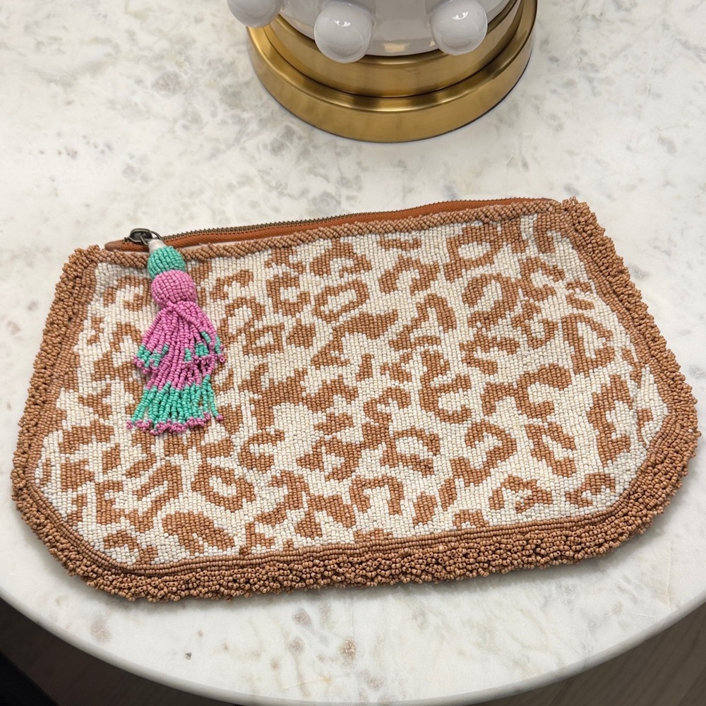 Anthropologie Beaded Leopard Print Zip Pouch with Tassel.